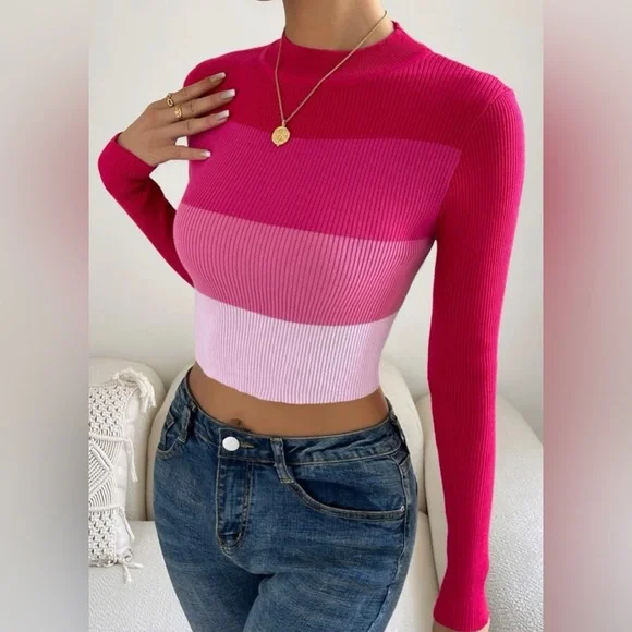 PRIVÉ CROP TOP JERSEY PINK MULTICOLOR BLOCK MOCK NECK SWEATER SIZE L (8-10) - Picture 3 of 3